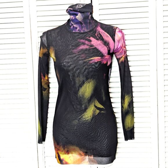 FUZZI Italy Bodycon Turtleneck Mesh Top Medium Black Floral - Picture 2 of 15